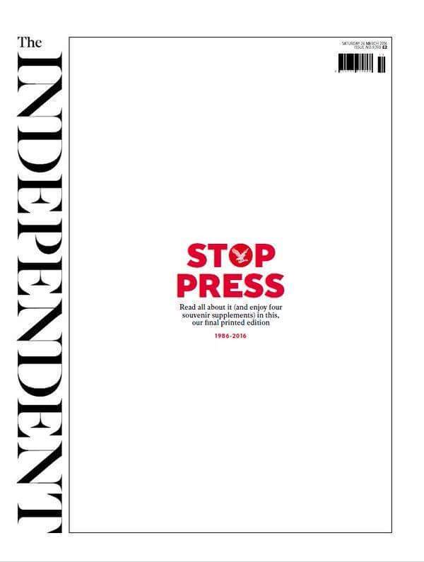 Portada Independent dejando de publicarse en papel 1986-2016